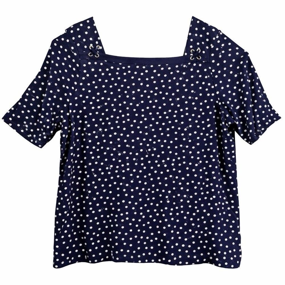 Chaps Women’s Short Sleeve Top Blouse Square Neck Size 1X Blue White Polka Dot